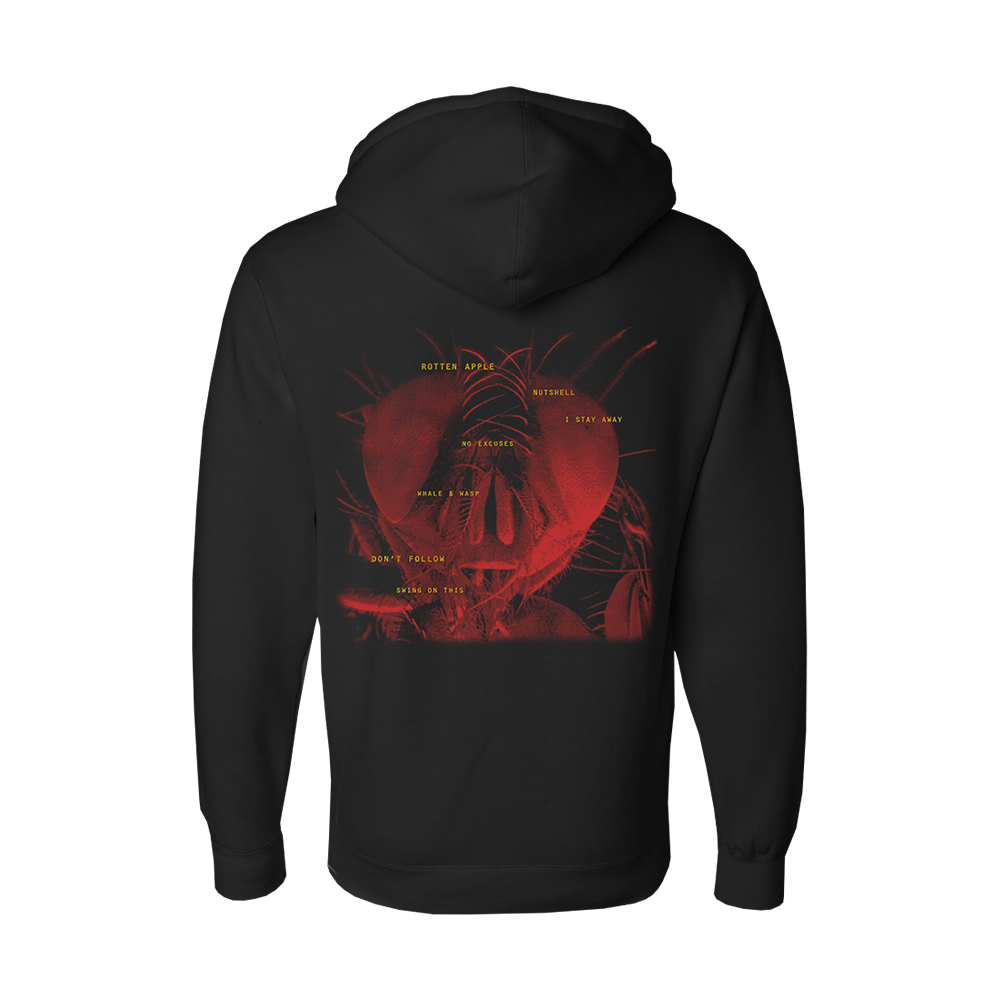 Black hoodie with a red graphic design on the back featuring abstract shapes and text.