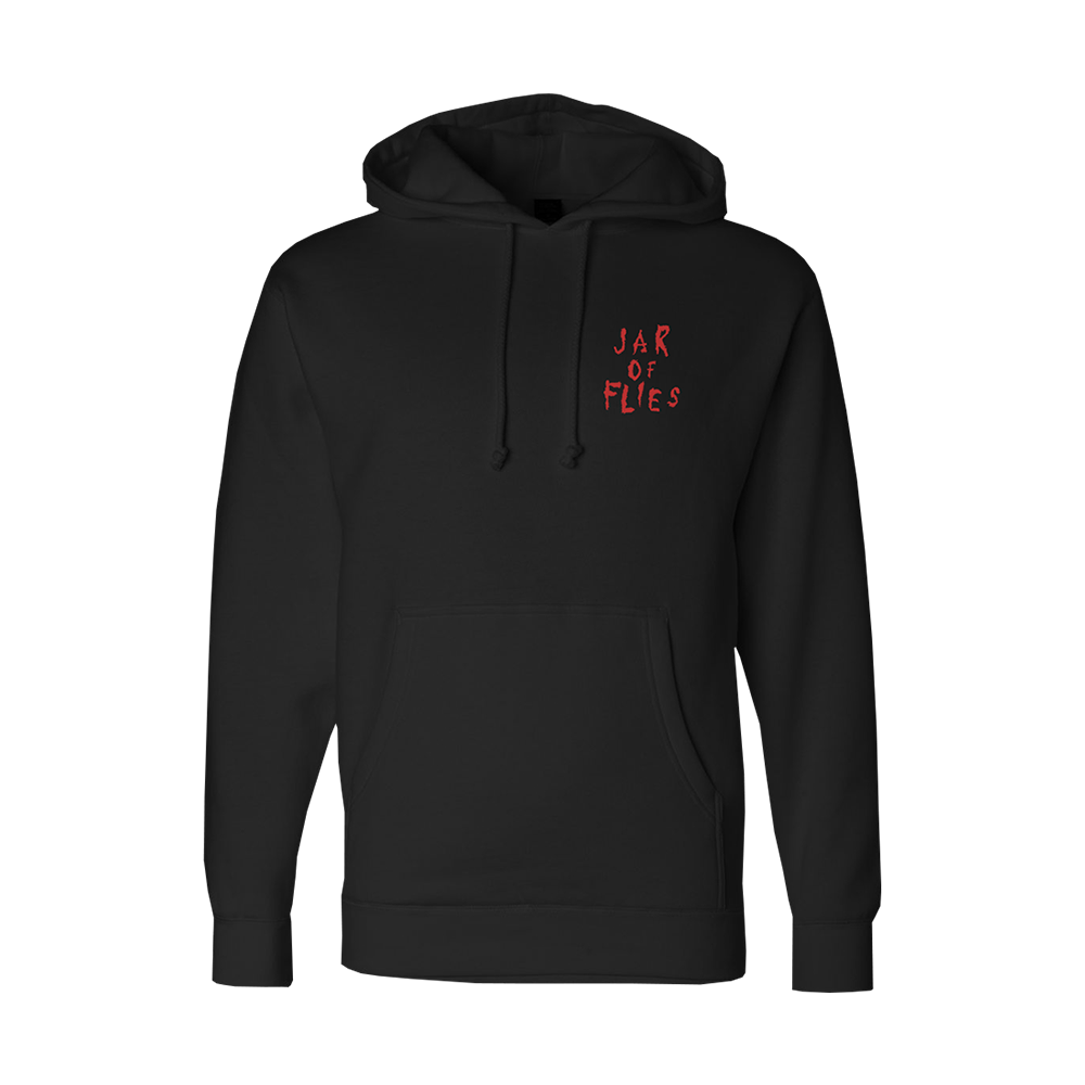 Black hoodie sweatshirt with red ’JAR OF FLIES’ text on the chest.