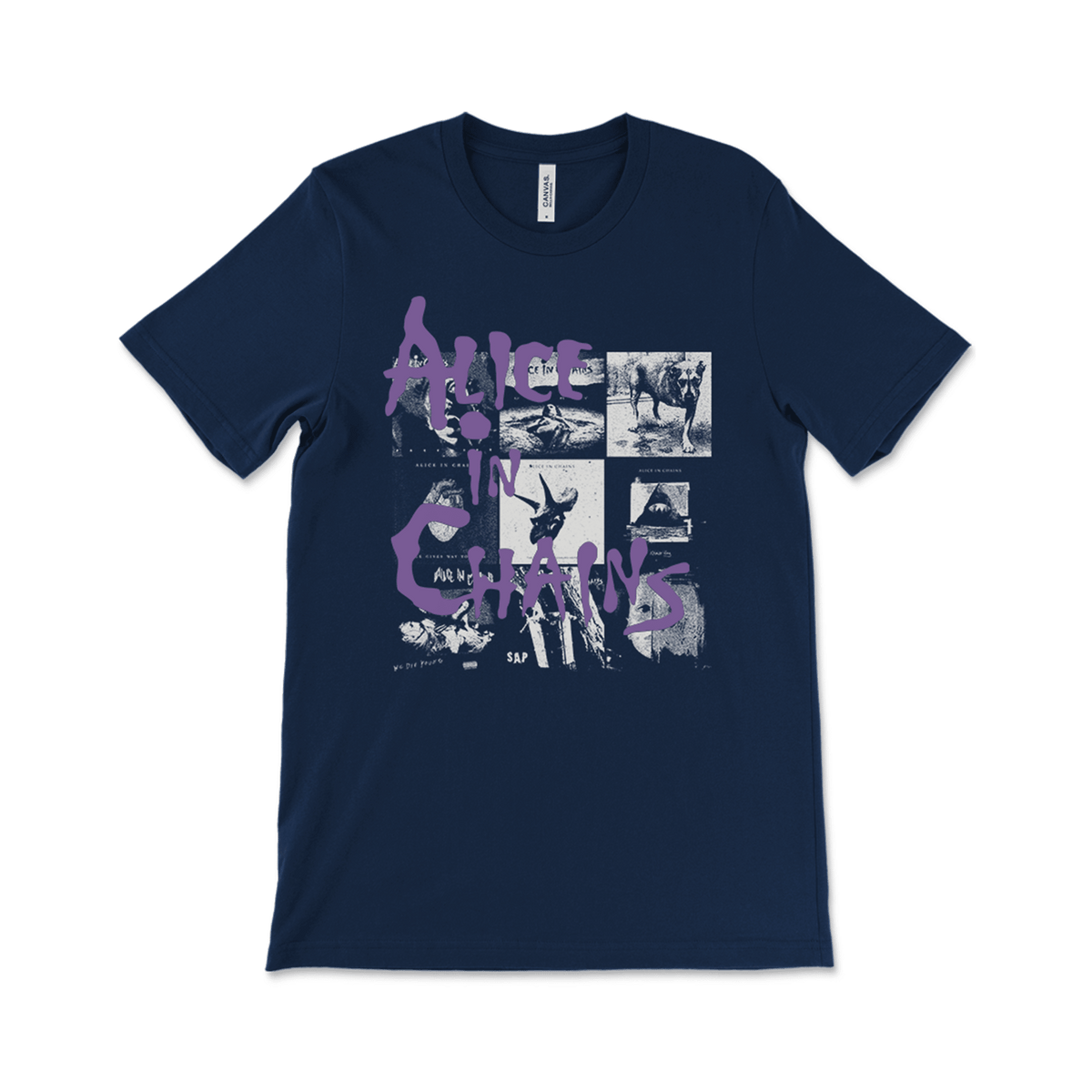 Navy cotton t-shirt with alice in chains collage design and purple band name featuring a navy album covers style