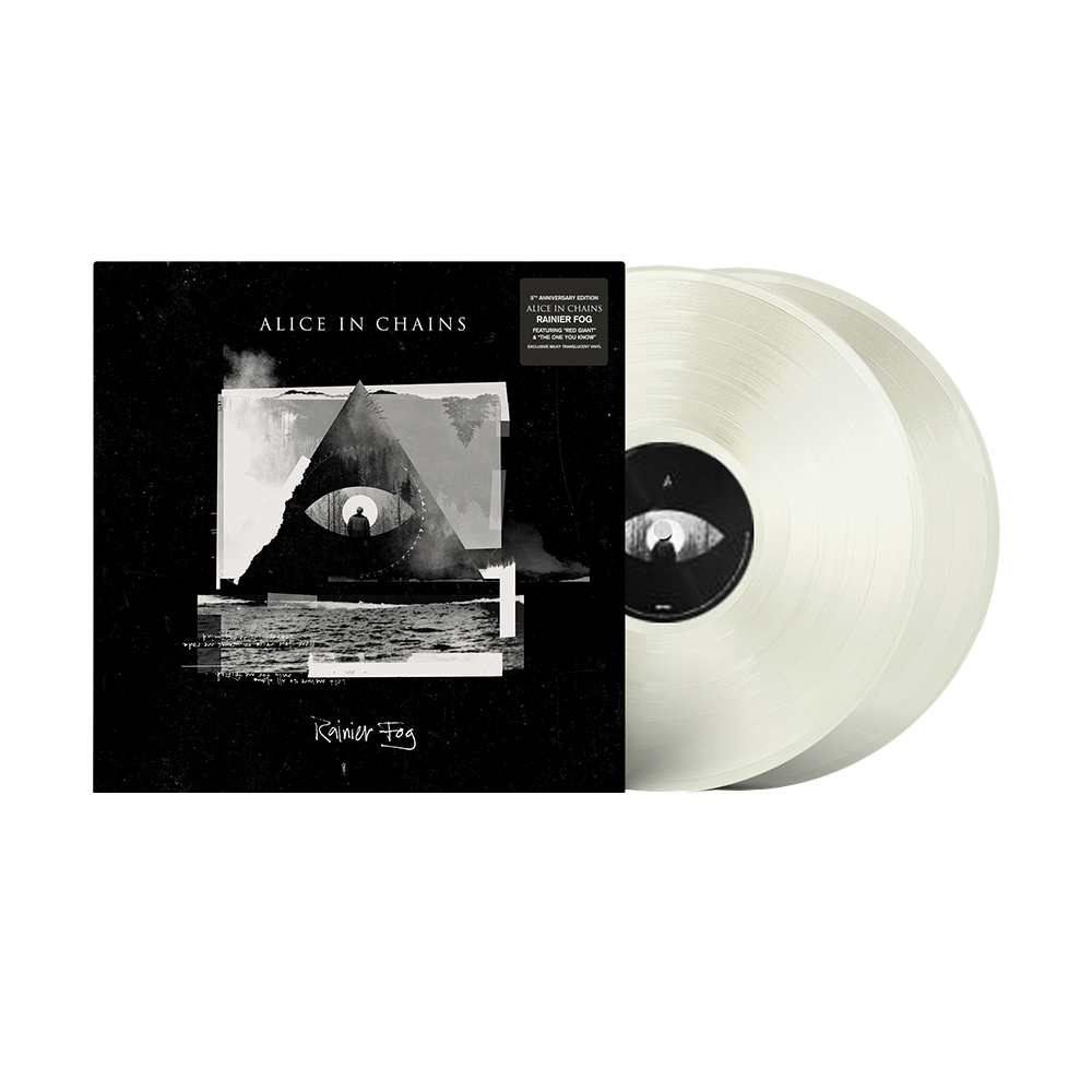 Vinyl record album of Alice in Chains’ ’Rainier Fog’ with white discs and cover artwork.