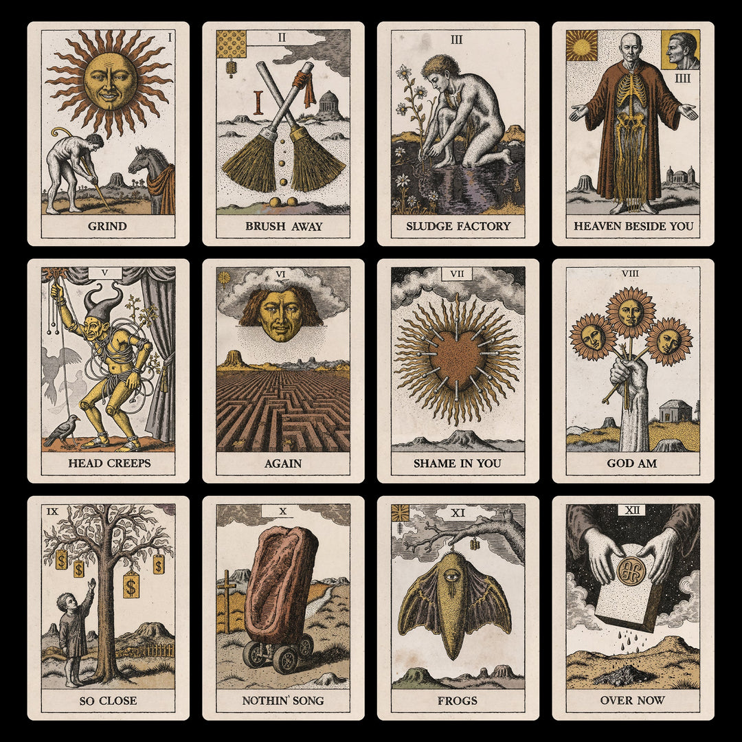 A set of twelve vintage-style tarot cards, each featuring intricate black-and-white illustrations with sepia-toned accents and detailed engravings on aged paper.