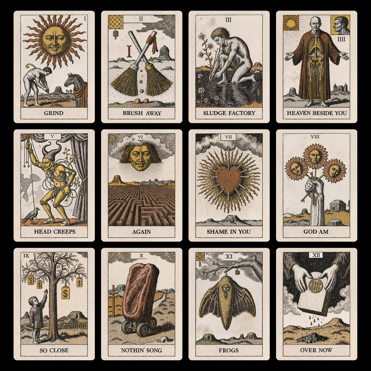 A set of twelve vintage-style tarot cards, each featuring intricate black-and-white illustrations with sepia-toned accents and detailed engravings on aged paper.