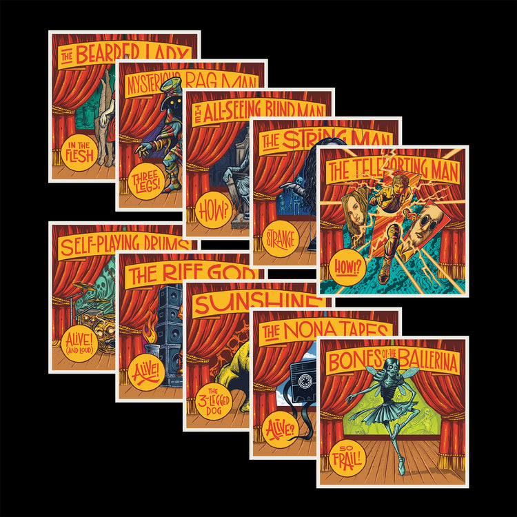 A collection of vintage-style album covers featuring theatrical and surreal artwork with bold red curtains, yellow titles, and illustrated characters like a bearded lady, the string man, and a ballerina skeleton.