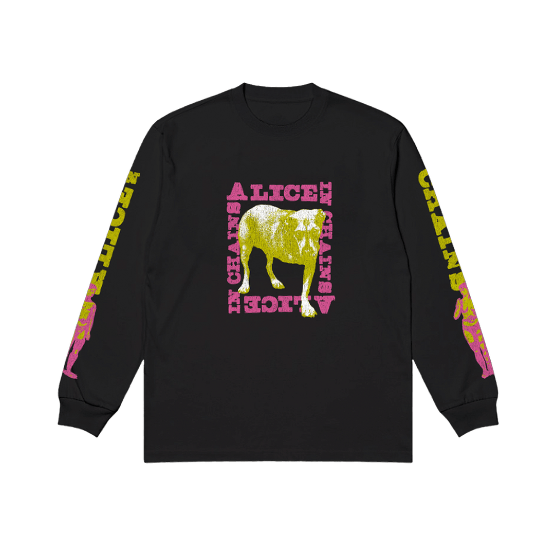 Black long sleeve t-shirt featuring neon yellow and pink bull graphic and alice in chains text with sleeve lettering