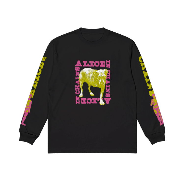 Black long sleeve t-shirt featuring neon yellow and pink bull graphic and alice in chains text with sleeve lettering