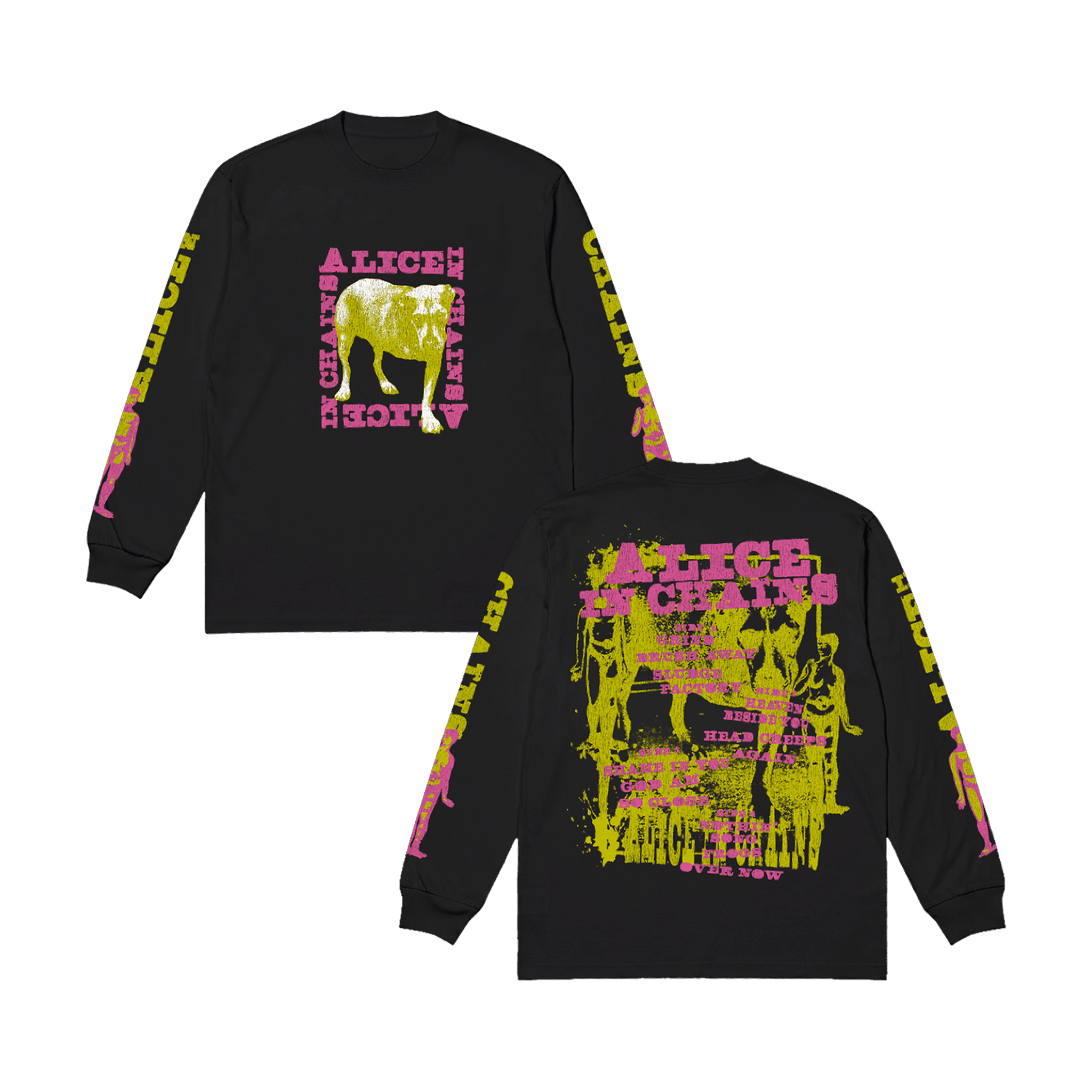 Black long sleeve t-shirt with vibrant neon yellow and pink alice in chains graphic print tripod long sleeve tee