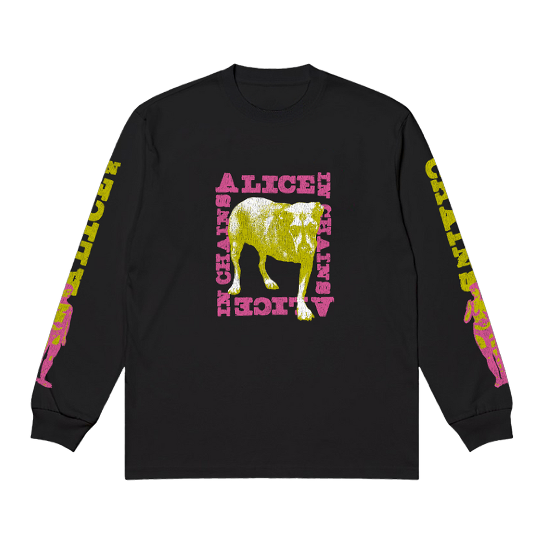 Black long-sleeve t-shirt featuring a neon yellow and pink graphic of a dog with the text ’alice in chains’ in matching colors.