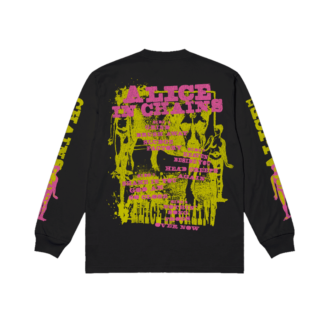 Black long sleeve t-shirt featuring a vibrant neon pink and yellow alice in chains graphic tripod long sleeve shirt