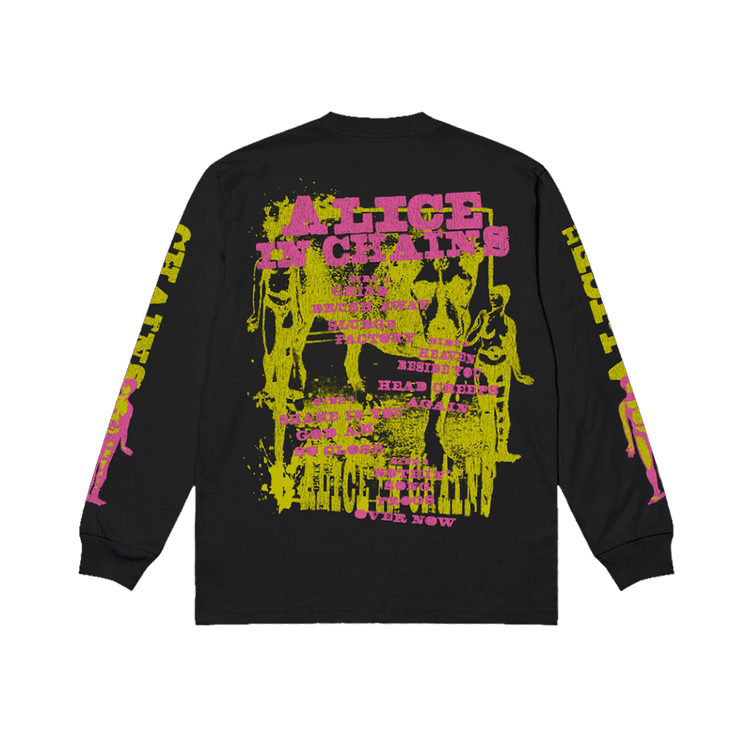 Black long sleeve t-shirt featuring a vibrant neon pink and yellow alice in chains graphic tripod long sleeve shirt