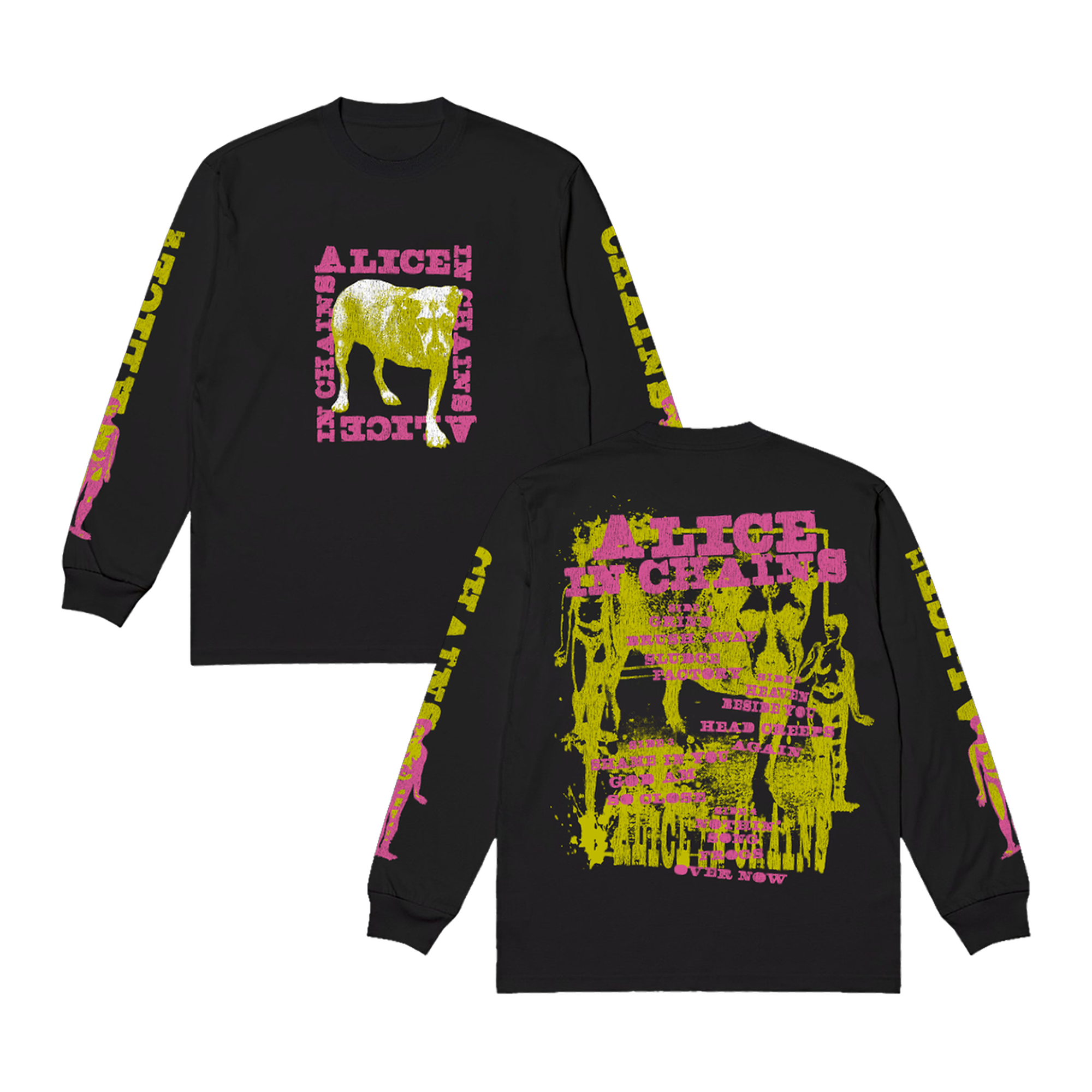 Black long-sleeve band tee featuring vibrant neon yellow and pink graphic designs with ’alice in chains’ branding.