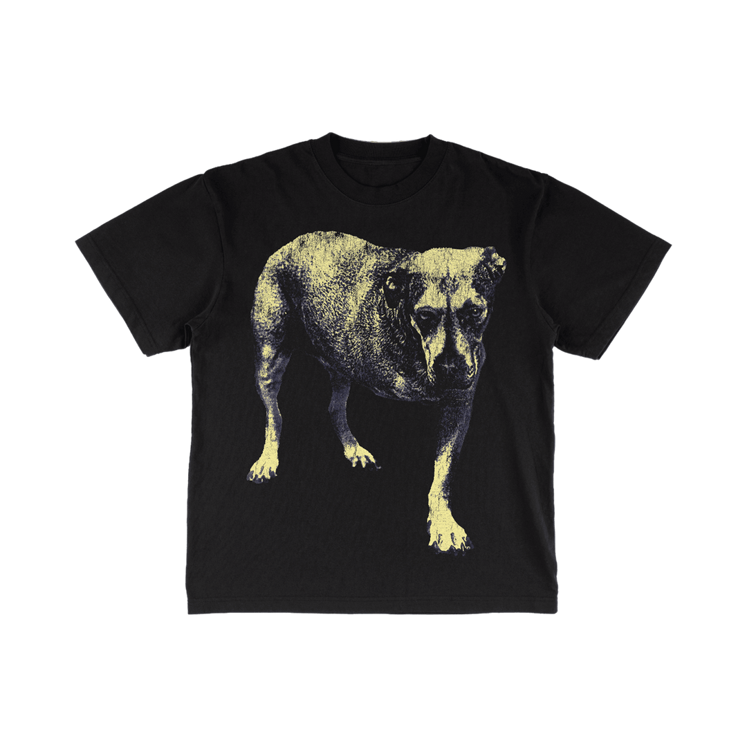 Black short-sleeved tripod t-shirt with yellow dog graphic from the alice in chains official store merchandise