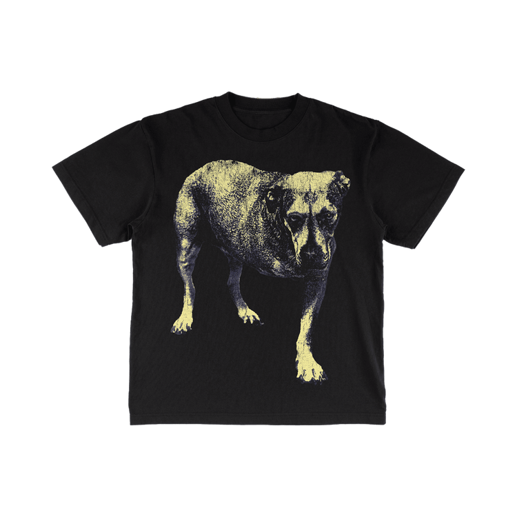 Black short-sleeved tripod t-shirt with yellow dog graphic from the alice in chains official store merchandise