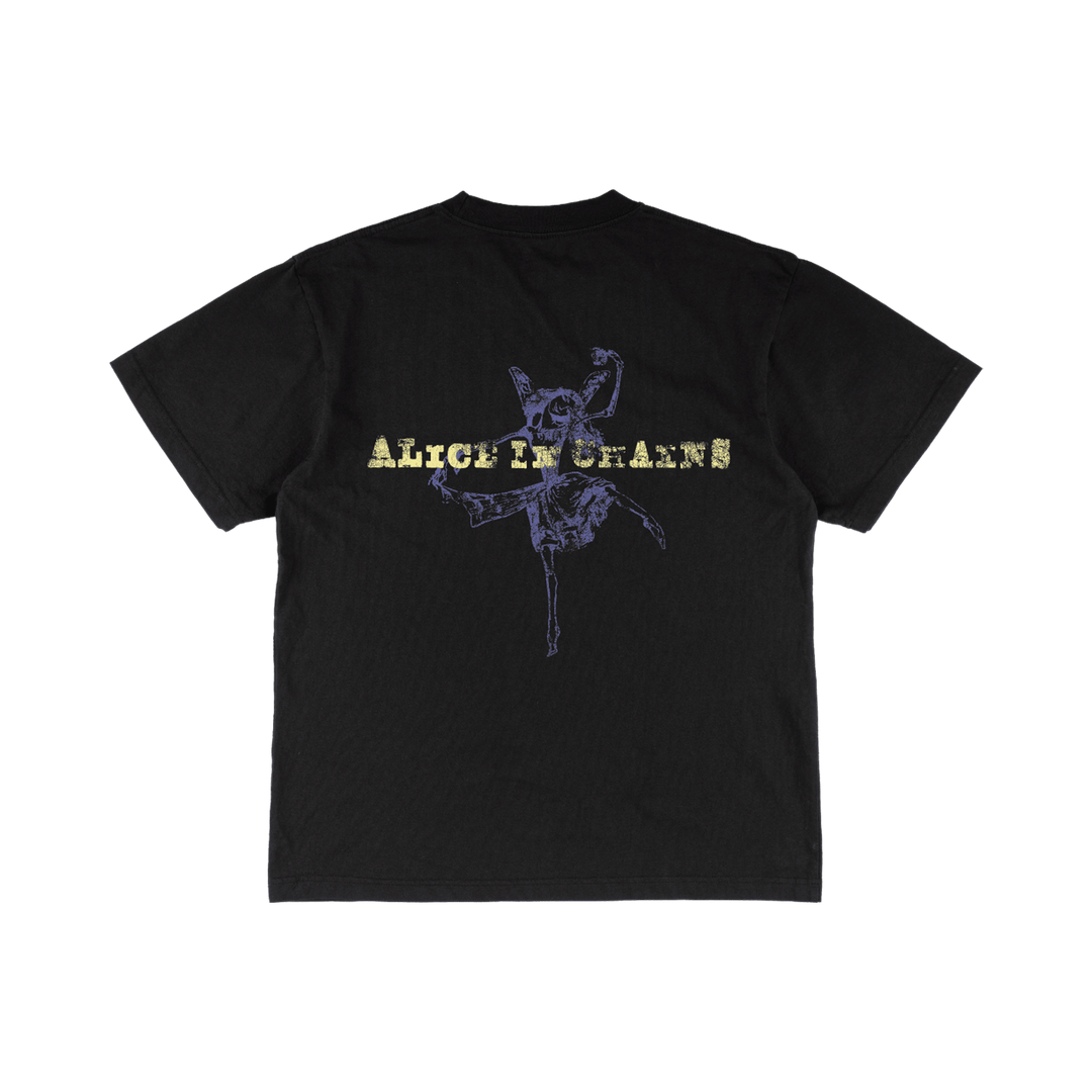 Black alice in chains tripod t-shirt with purple devil graphic and yellow distressed lettering from official merchandise