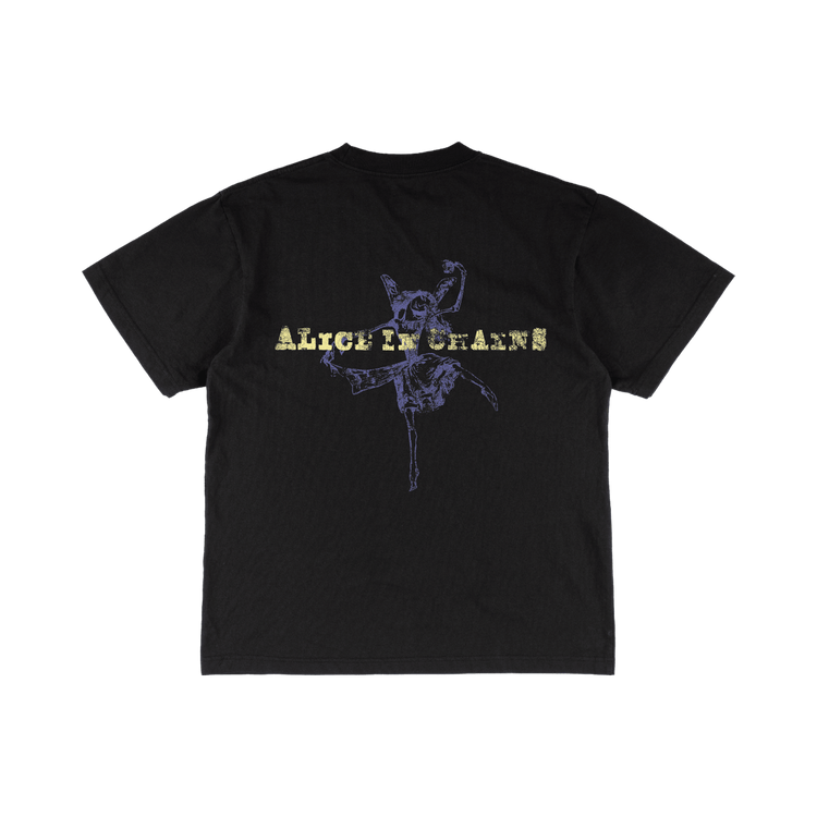 Black alice in chains tripod t-shirt with purple devil graphic and yellow distressed lettering from official merchandise