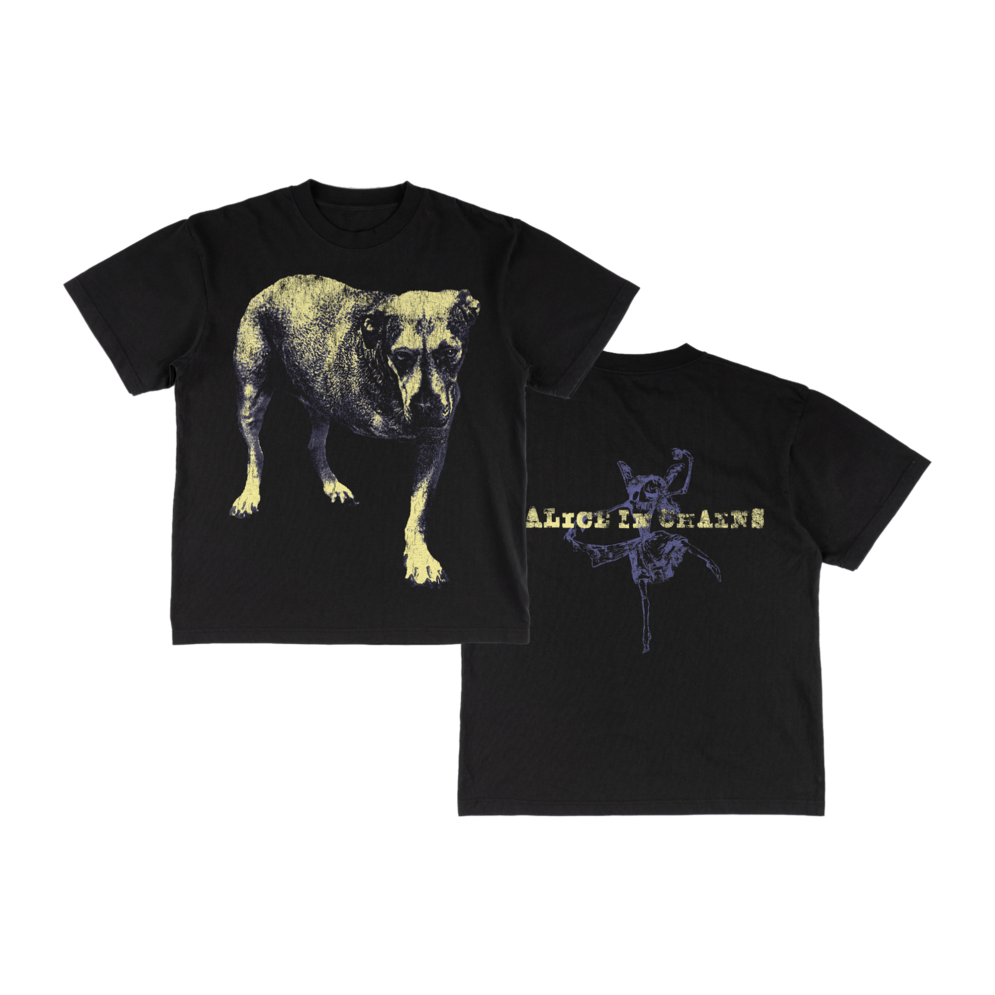 Black alice in chains t-shirt featuring a distressed yellow and black graphic of a dog on the front and a stylized silhouette with band name printed on the back.