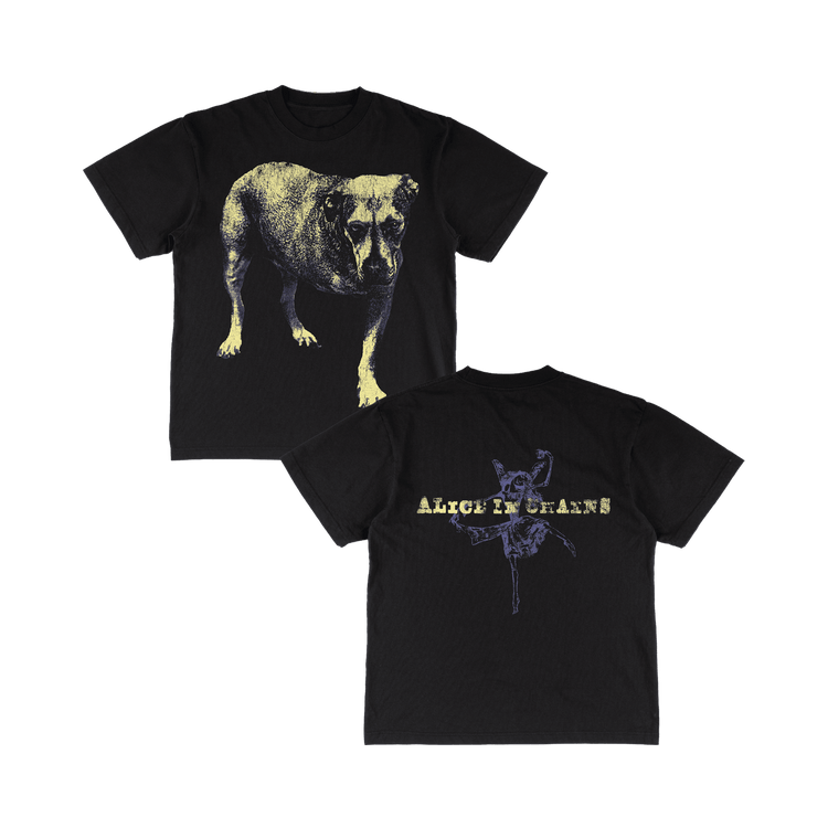 Black tripod t-shirt from alice in chains official store with distressed yellow dog graphic front and purple band silhouette back