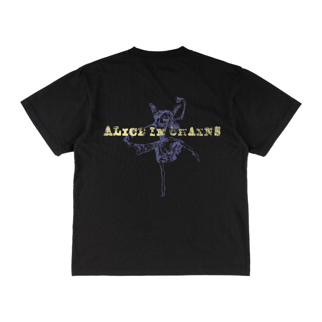 Black alice in chains t-shirt featuring a purple and gold graphic of the band’s iconic ’the devil’ artwork.