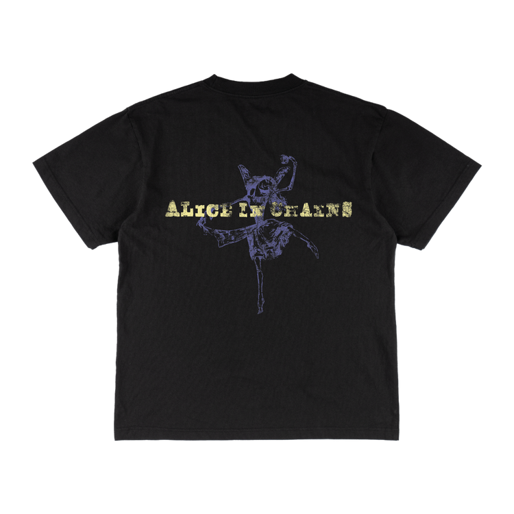 Black alice in chains t-shirt featuring a purple and gold graphic of the band’s iconic ’the devil’ artwork.