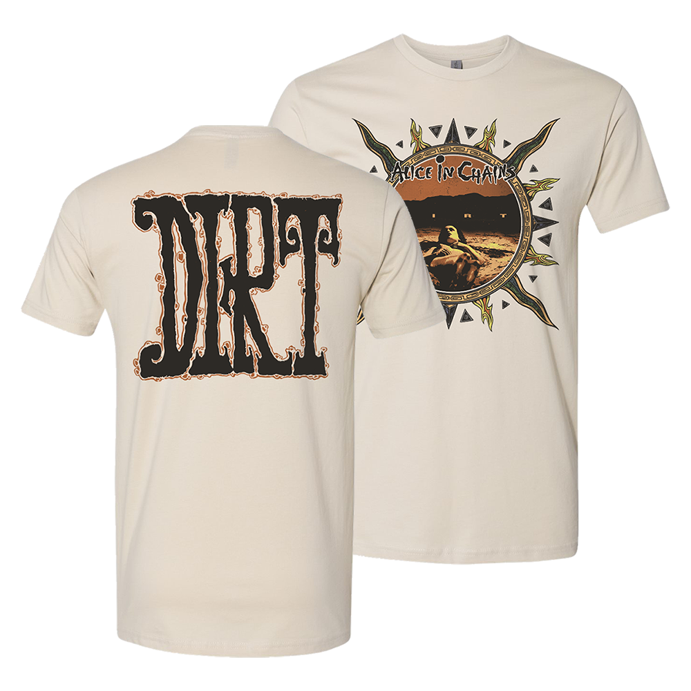 Beige t-shirt with Alice in Chains band artwork featuring ’Dirt’ album graphics.