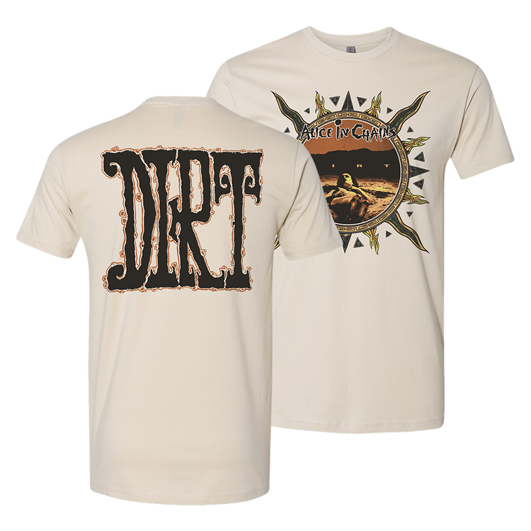 Beige t-shirt with Alice in Chains band artwork featuring ’Dirt’ album graphics.