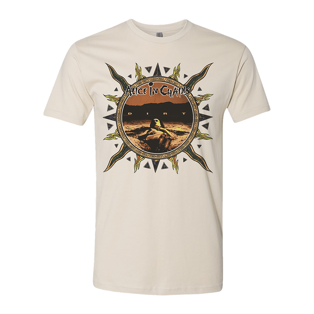 Beige t-shirt featuring an Alice in Chains band design with a circular desert landscape image surrounded by a sun-like border.