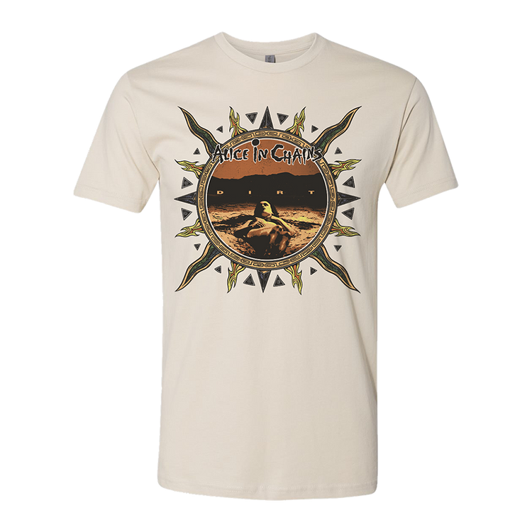 Beige t-shirt featuring an Alice in Chains band design with a circular desert landscape image surrounded by a sun-like border.