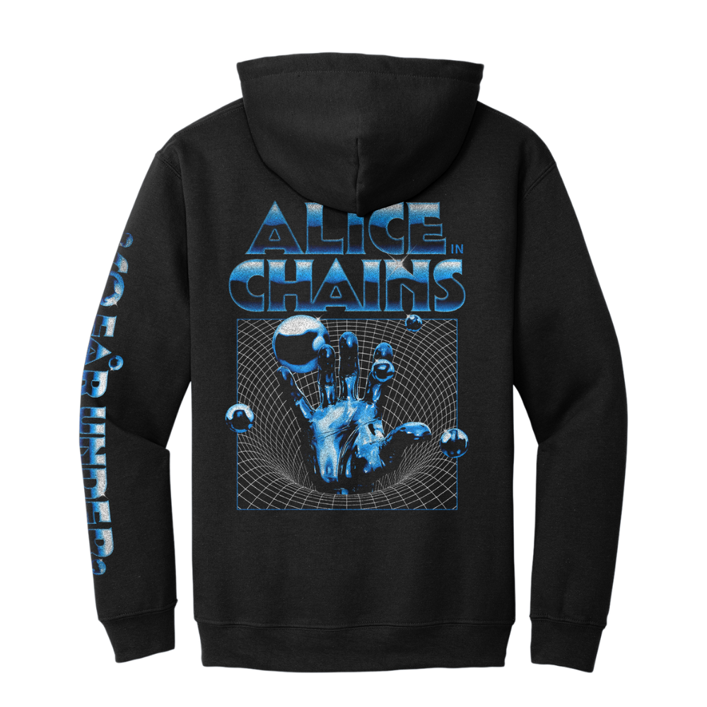 Black alice in chains hoodie featuring a glowing blue graphic of a hand reaching through a grid with floating spheres.