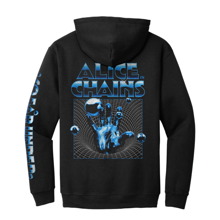 Black alice in chains hoodie featuring a glowing blue graphic of a hand reaching through a grid with floating spheres.