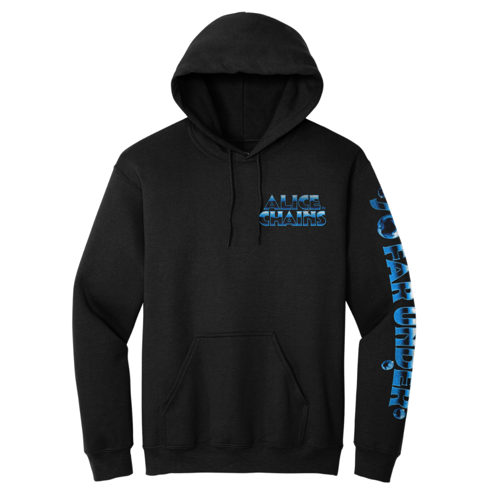 Black alice in chains hoodie with blue ’alice in chains’ logo on the chest and vertical text reading “journey under” down the left sleeve.