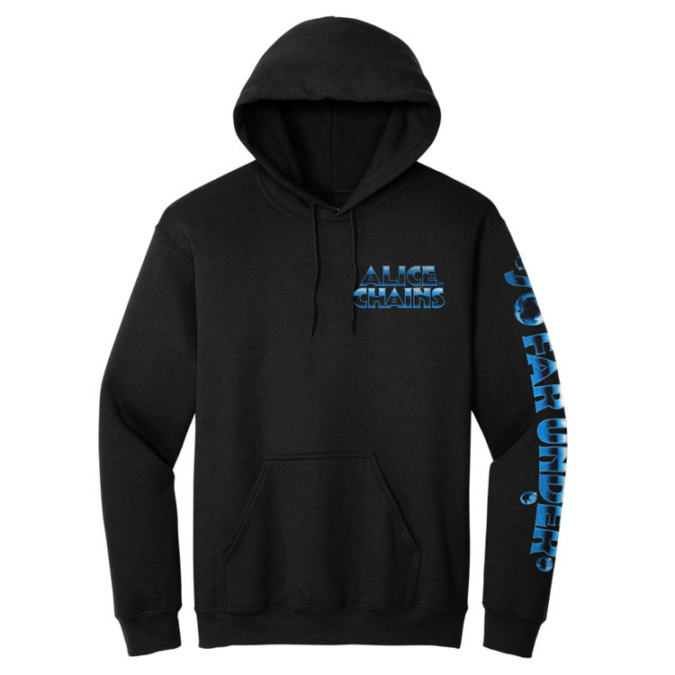 Black alice in chains hoodie with blue ’alice in chains’ logo on the chest and vertical text reading “journey under” down the left sleeve.
