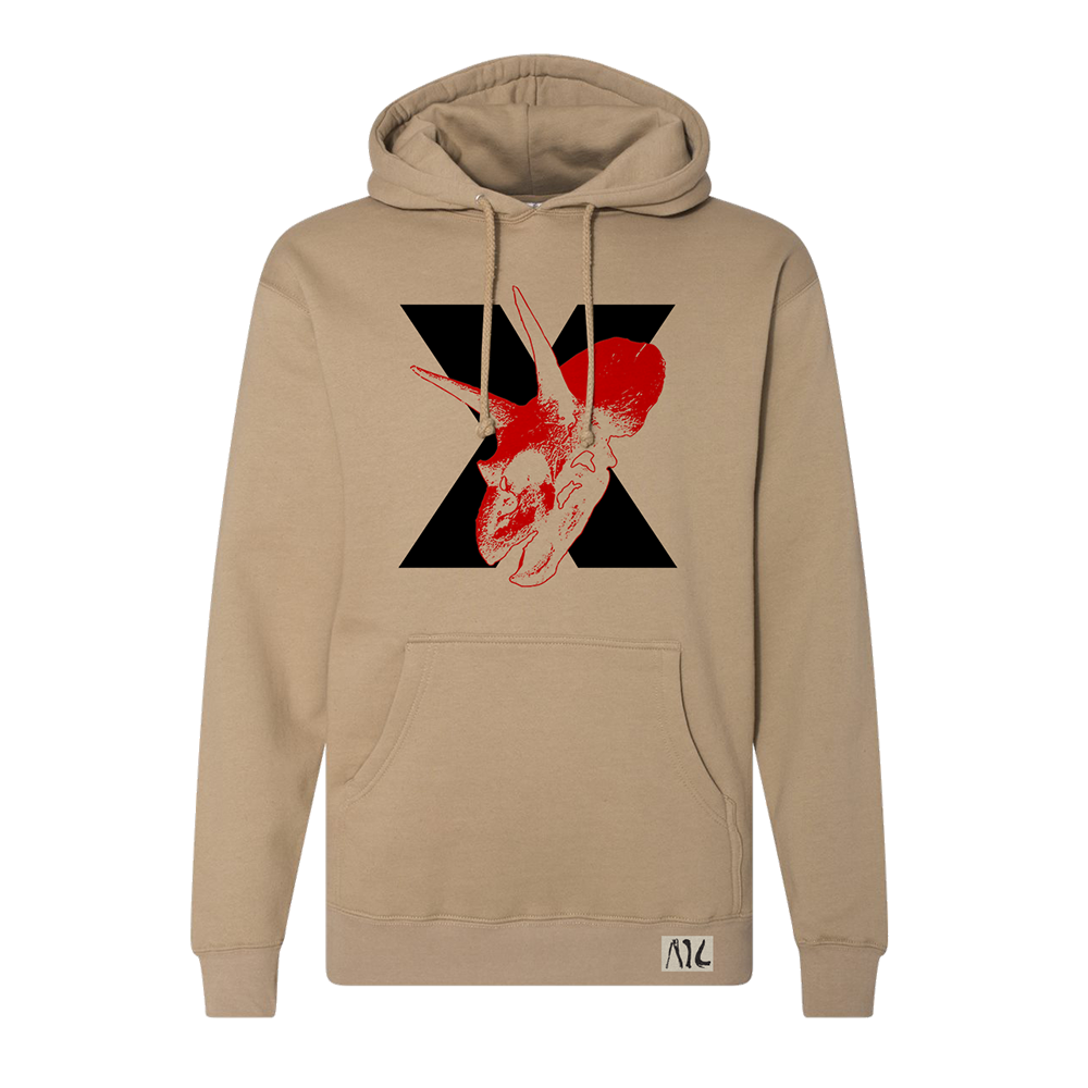 Beige hoodie sweatshirt with a black X and red deer skull graphic on the front.
