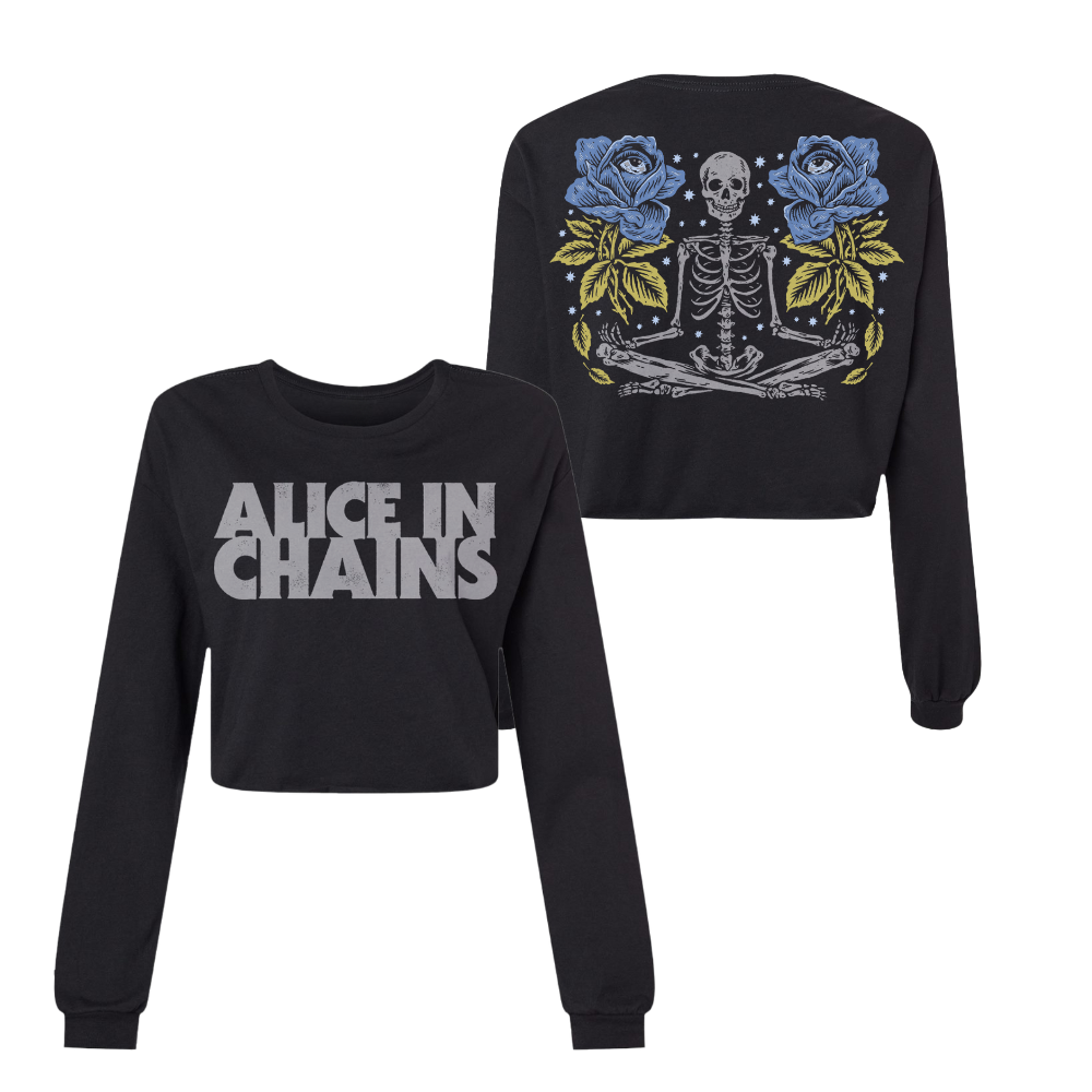 Black cropped sweatshirt featuring a skeleton design with blue roses and yellow leaves on the back, and ’alice in chains’ in gray lettering across the front.