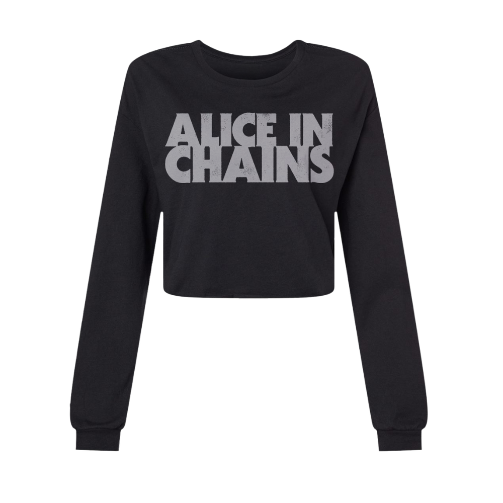 Black long-sleeved crop top with ’alice in chains’ printed in faded gray block letters across the chest.