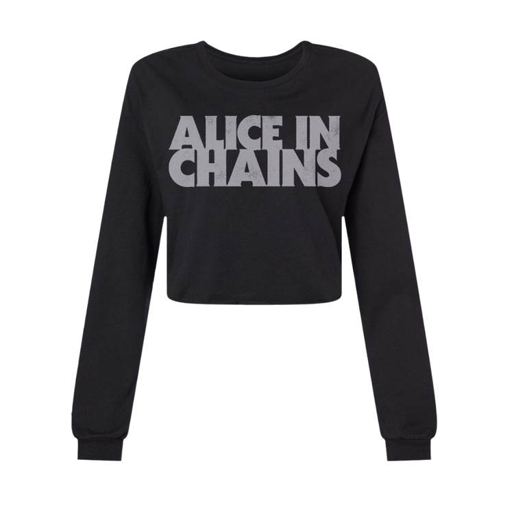 Black long-sleeved crop top with ’alice in chains’ printed in faded gray block letters across the chest.