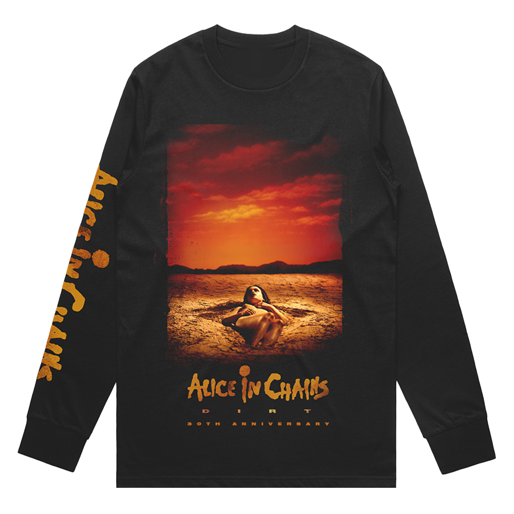 Official Alice in Chains Merchandise. 100% black cotton long sleeve t-shirt with the Dirt album cover printed on the front and the Alice in Chains logo printed on the sleeve.